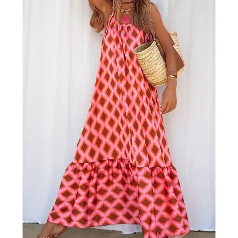 Women’s Pink Geometric Maxi Dress - Sleeveless Summer Dress - Picture 5 of 6